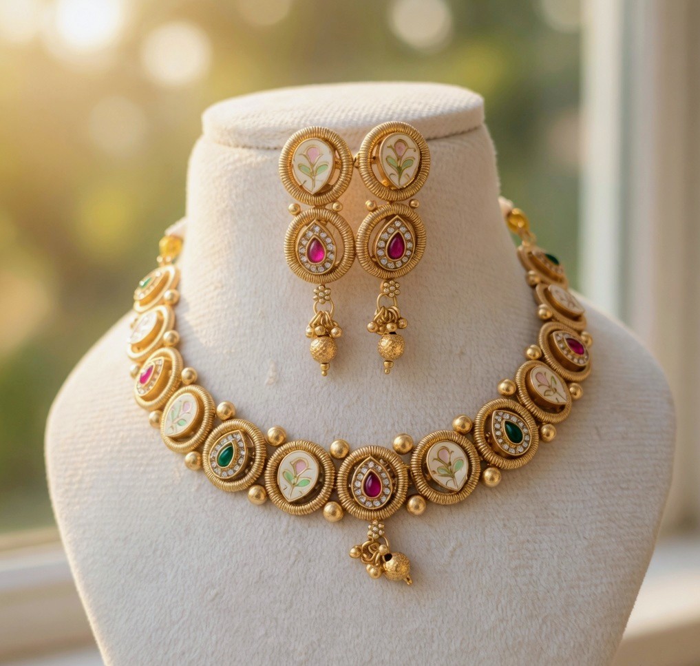 Elegant Gold-Plated Meenakari Necklace Set with Jhumka Earrings - Image 2