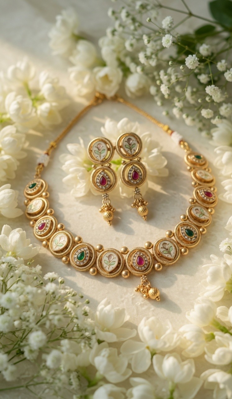 Elegant Gold-Plated Meenakari Necklace Set with Jhumka Earrings