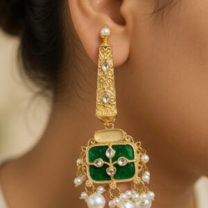 Gold Tone Earrings Green Enamel Kundan Stones, And Pearl Drops