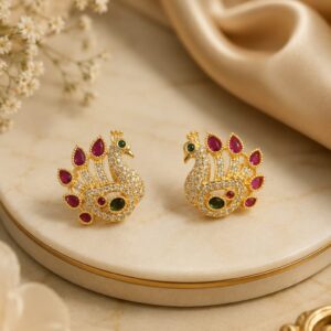 Peacock CZ Stone Stud Earrings